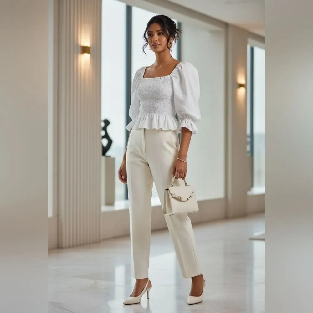 Zara White Puff Sleeve Smocked Blouse